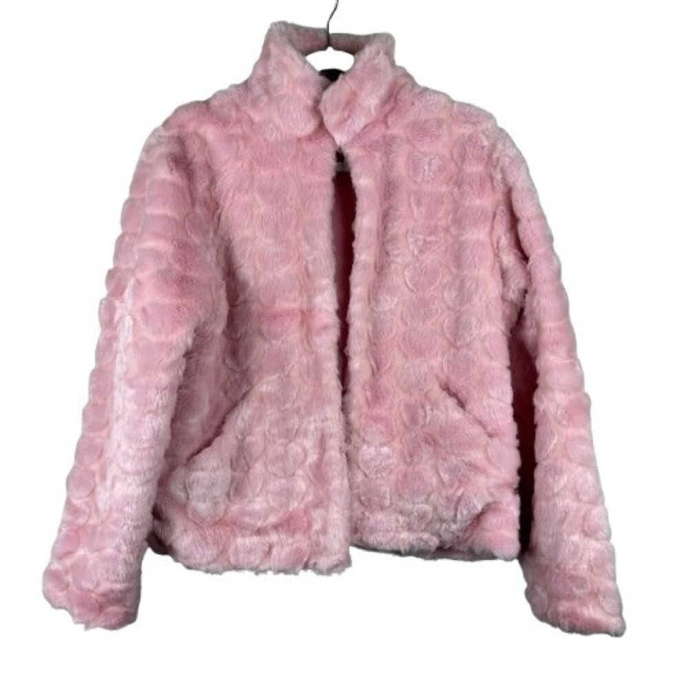 Kaity Petal Pink Faux Fur High Neck Shaggy Coat Size Medium Boho Retro Indie